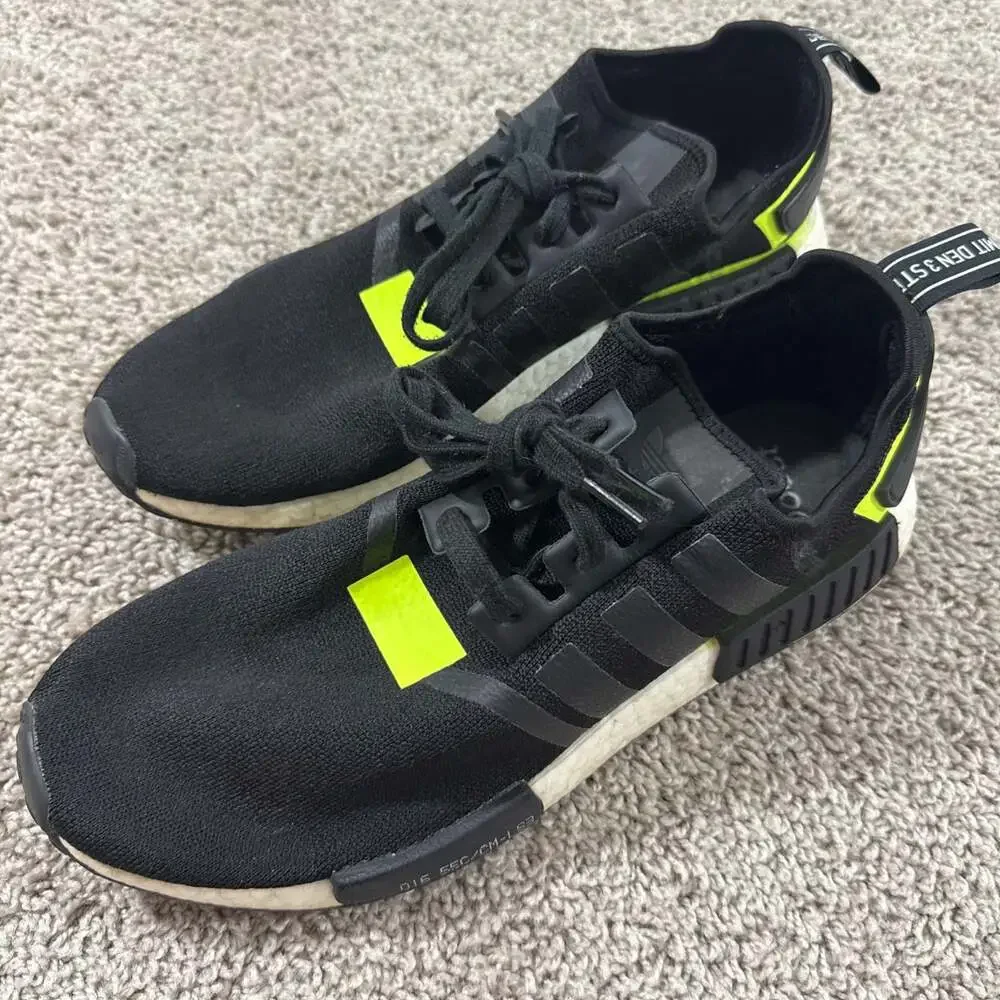Adidas NMD R1 Boost Black Solar‎ Yellow Mens Size 12 Running Shoes Sneakers EUC